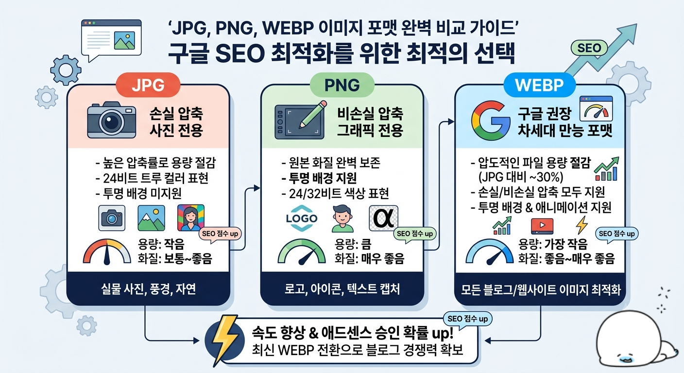 JPG, PNG, WEBP 세 가지 대표적인 이미지 포맷의 특징과 차이점을 한눈에 비교할 수 있는 인포그래픽 이미지