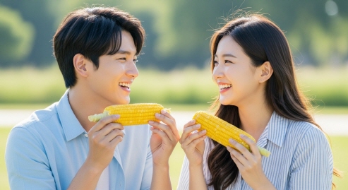 초당옥수수를 한 알씩 떼어먹으며 담소를 나누는 부부