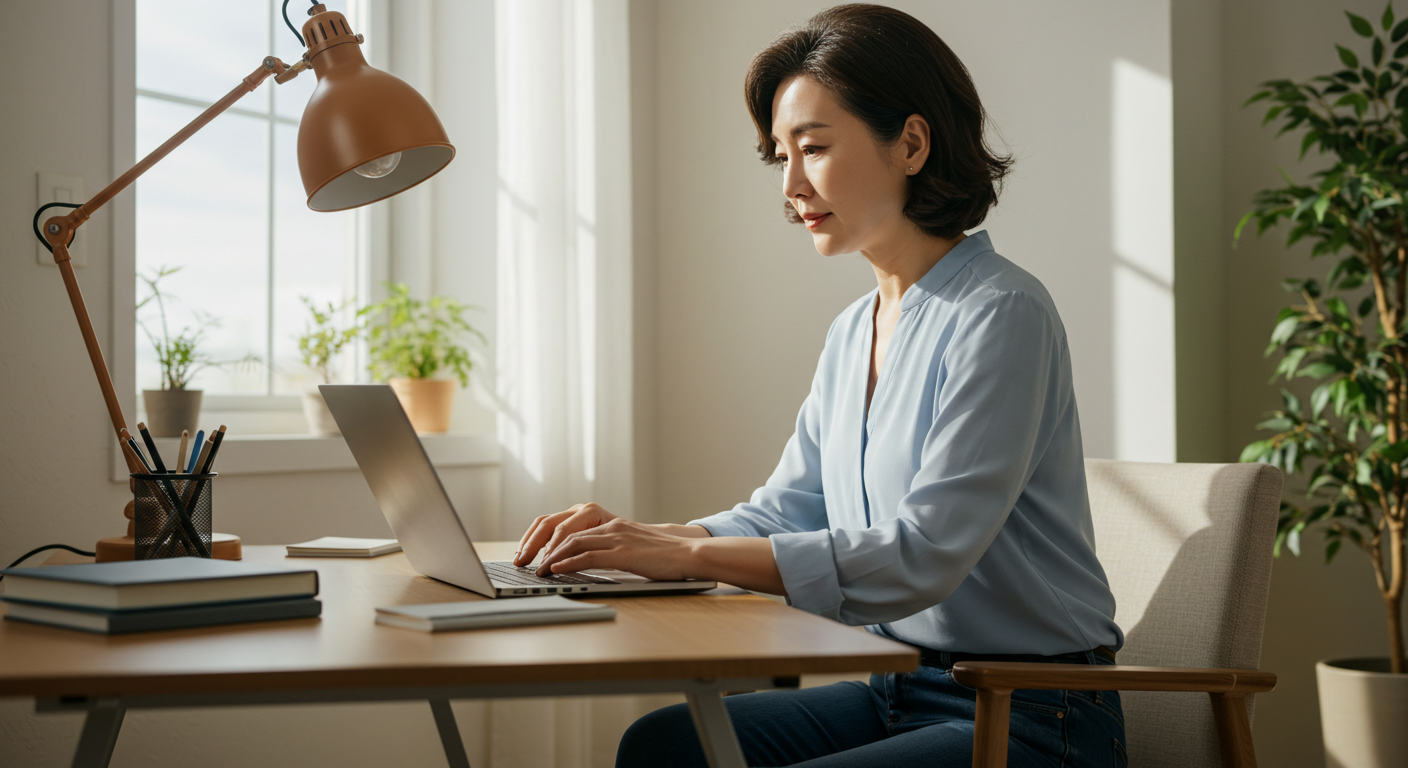 노트북으로 작업 중인 여성