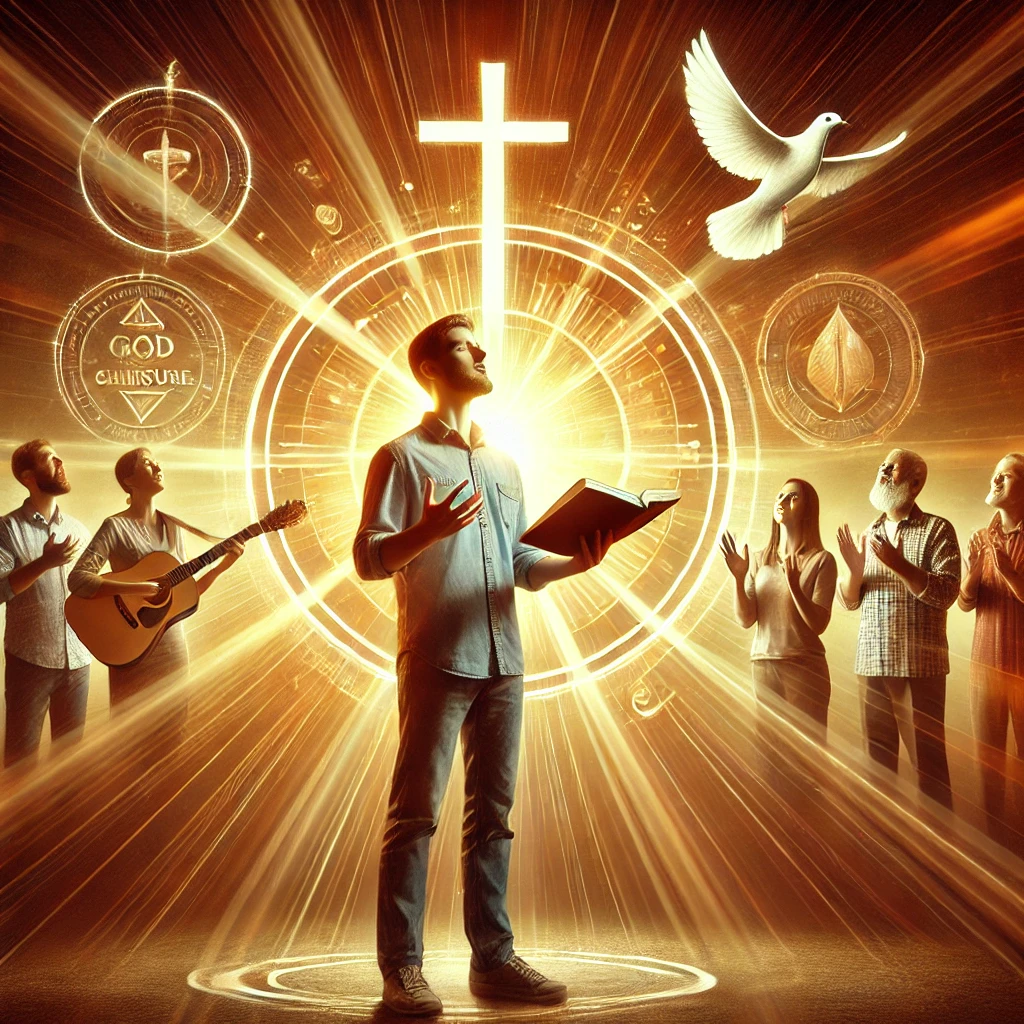 Here is the image depicting a group of people sharing scripture and praising God together, surrounded by the warmth of God's spiritual blessings. The scene reflects deep worship, fellowship, and the joy of sharing God's grace and guidance through heartfelt praise and scripture.