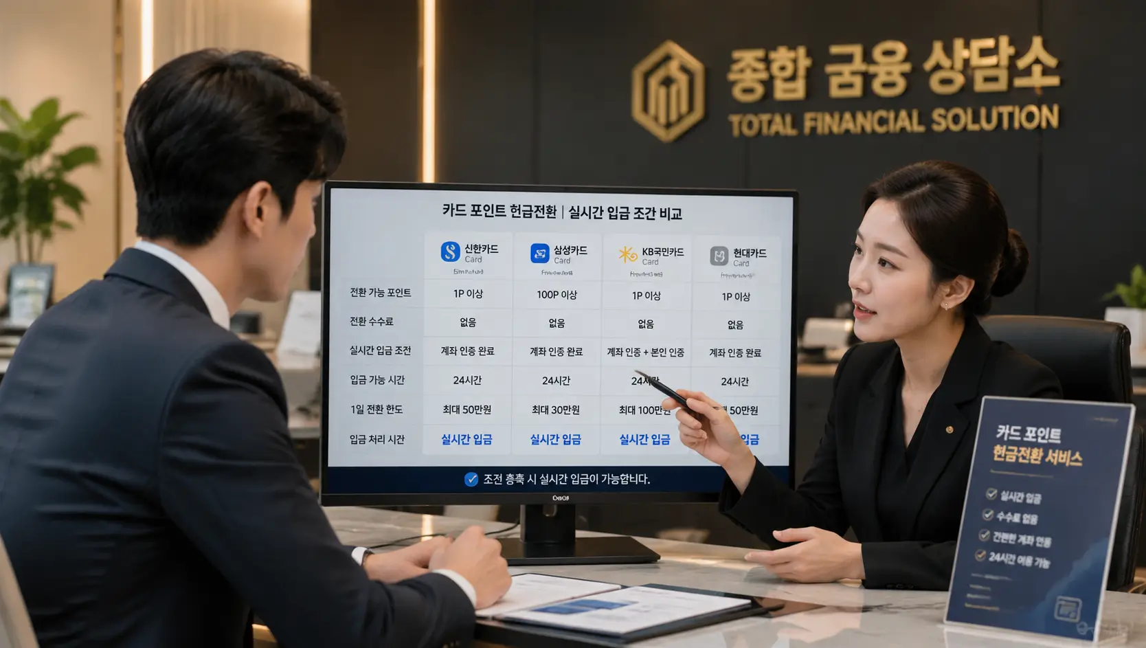 세련된 종합 금융 상담소 데스크에서 전문가와 마주 앉아 카드 포인트 현금전환 실시간 입금 조건을 대조하는 모습