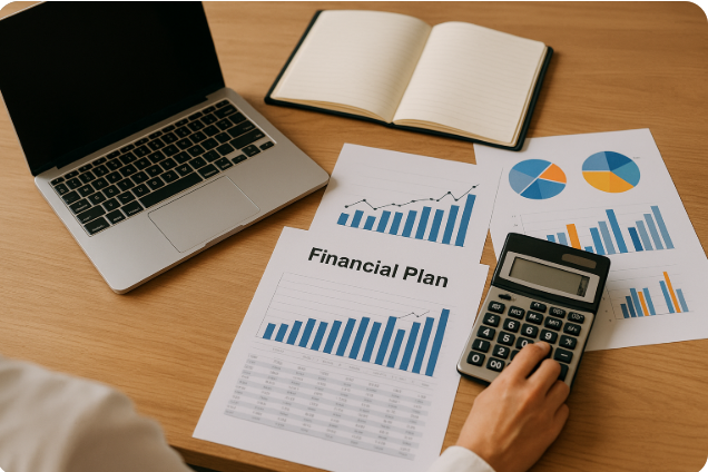 노트북과 재무 계획 차트를 보며 계산기로 데이터 분석 중인 사람의 손