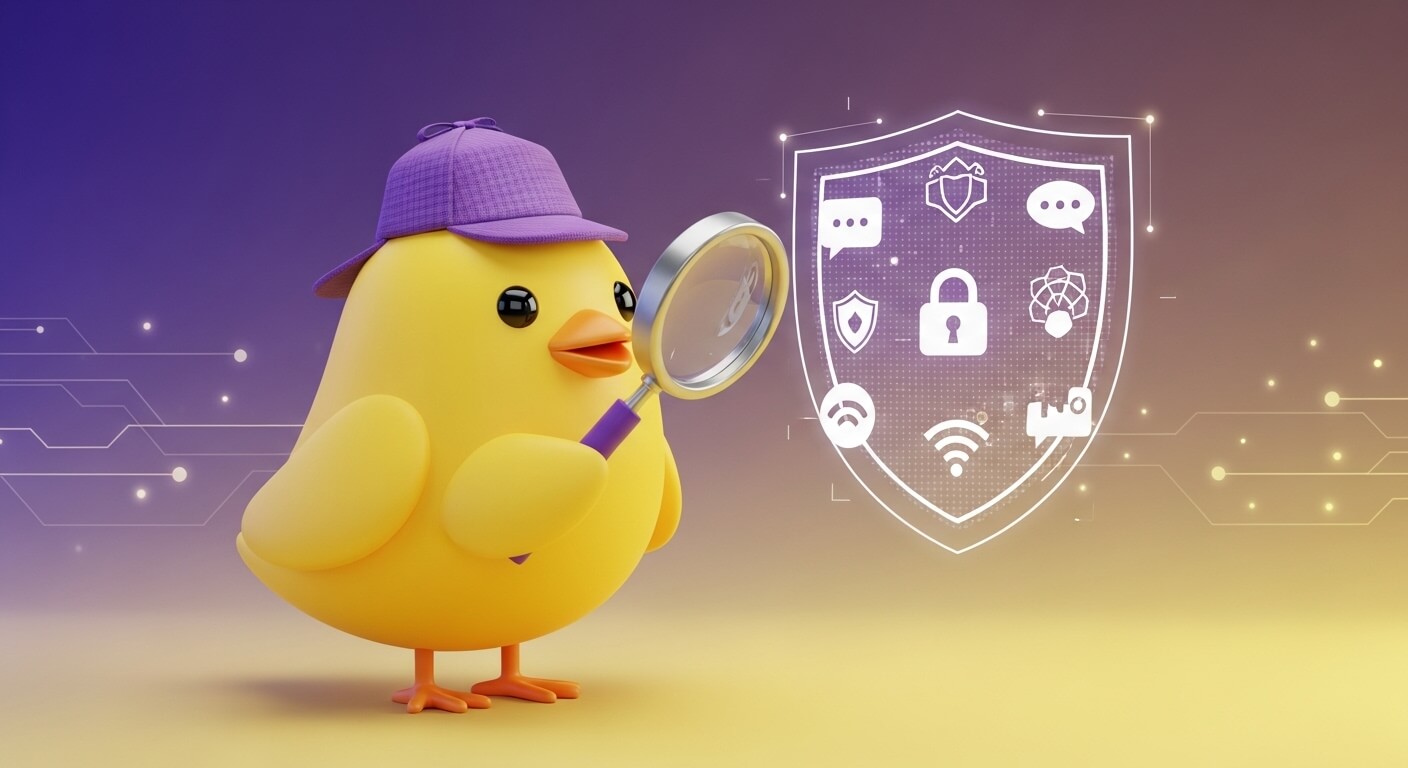 노란새가돋보기를 들고 자물쇠,wife표시등을 보고있는 그림