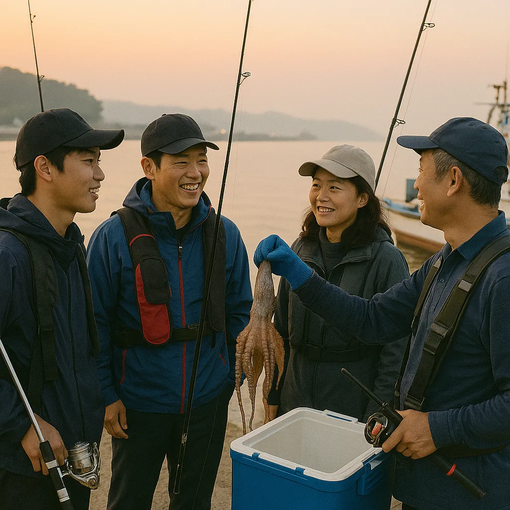 새벽 항구에서 문어낚시 후 대화 나누는 낚시인들