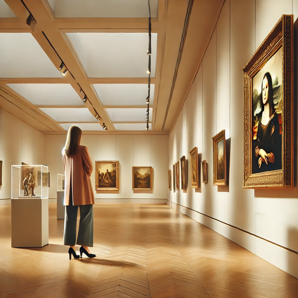 미술관 안에서 그림을 감상하고 있는 사진