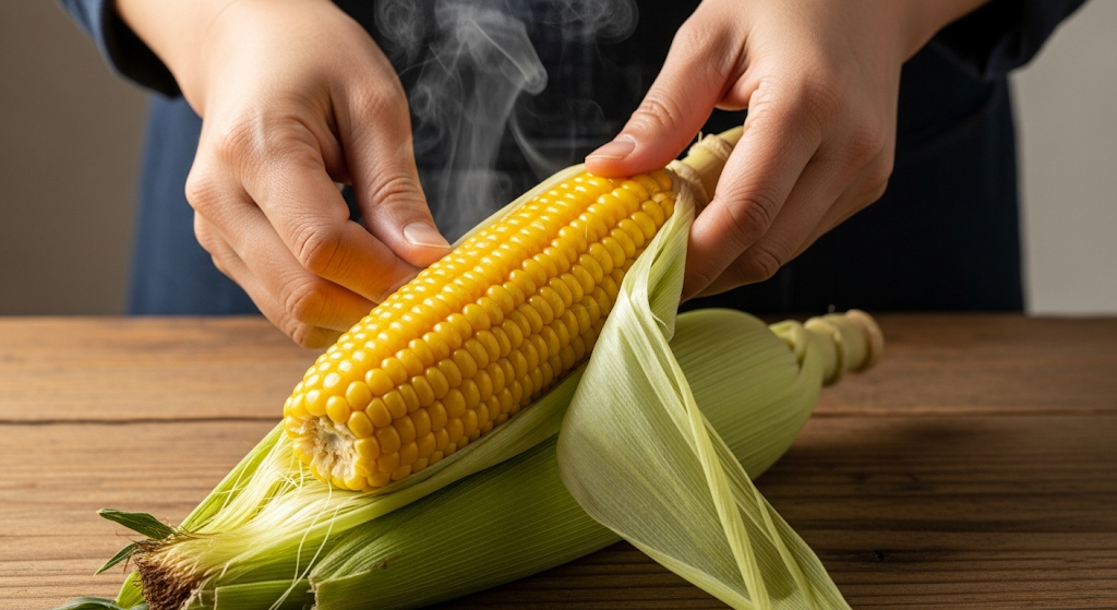 갓 삶은 한국산 황금맛찰옥수수를 나무 식탁 위에 올려놓고, 김이 모락모락 나는 모습