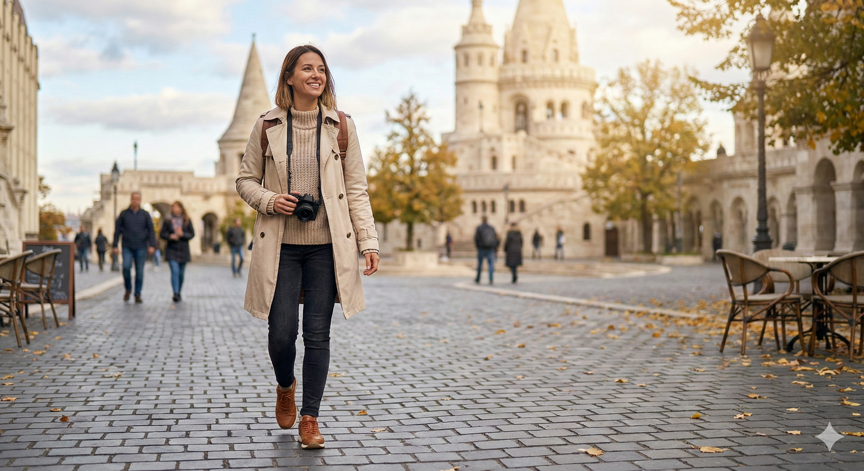 10월의 낭만적인 헝가리 부다페스트 거리를 거니는 여행객 사진