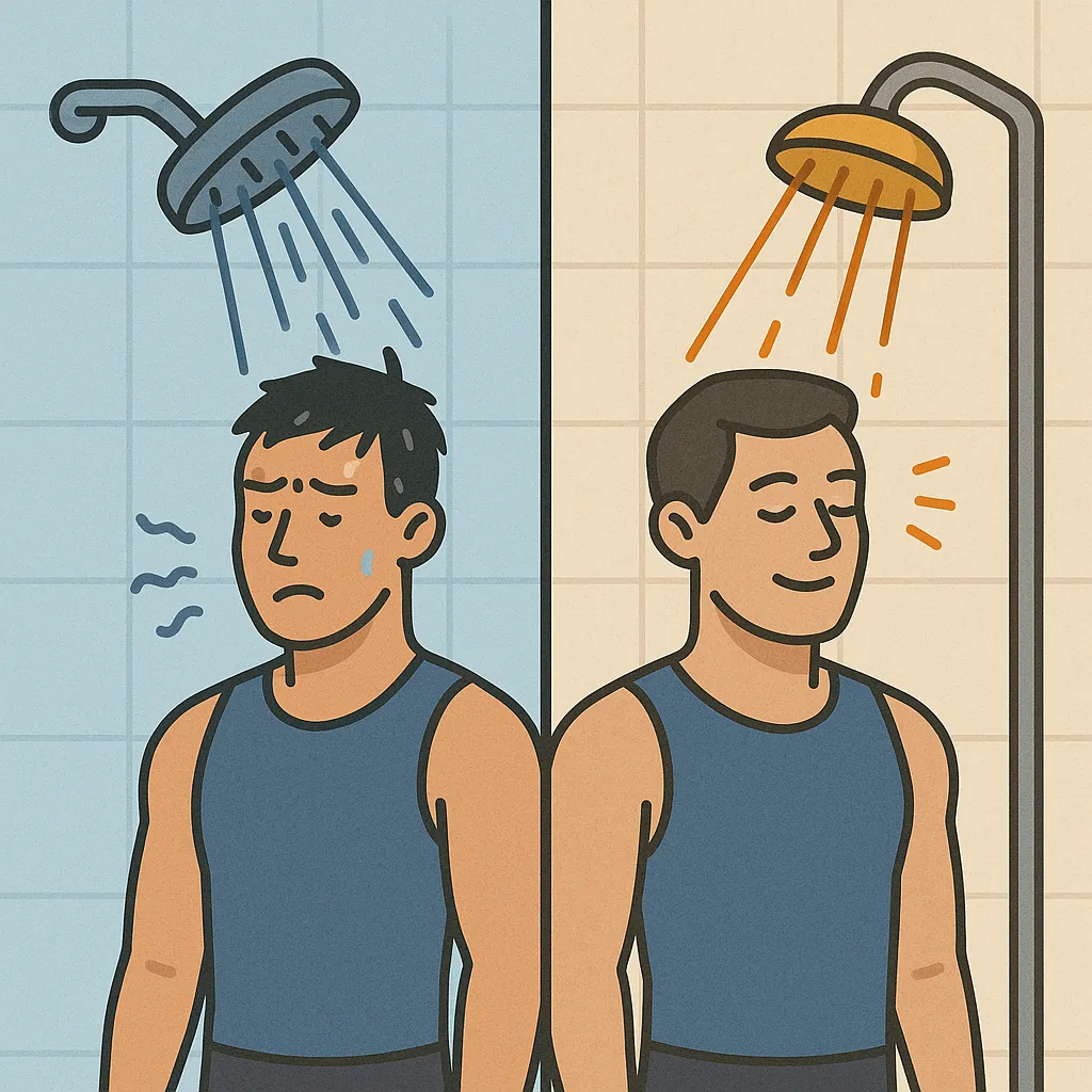 운동-후-찬물-샤워와-따뜻한-샤워의-회복-효과-차이를-시각적으로-비교한-이미지