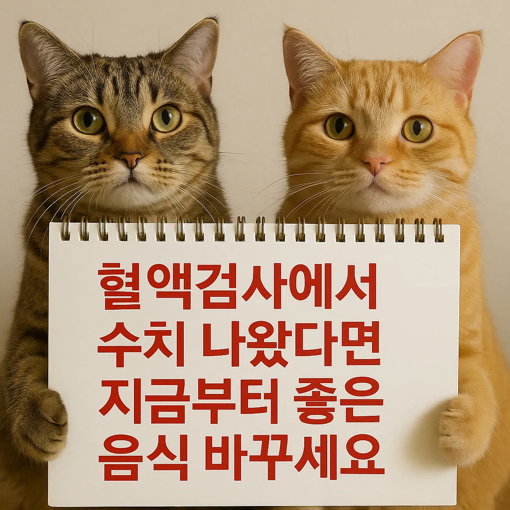 두 마리 고양이가 "혈액검사에서 수치 나왔다면 지금부터 좋은 음식 바꾸세요"라는 빨간 글씨가 적힌 스케치북을 들고 있는 모습.