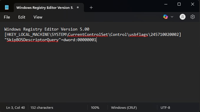bosdescriptor.reg 파일 작성 - 메모장