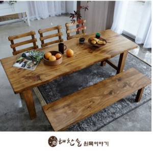 해찬솔 통원목 에코 6인용식탁 세트B 2000_w700_tr 의자포함 통원목다리 원목식탁 우드슬랩 카페테이블