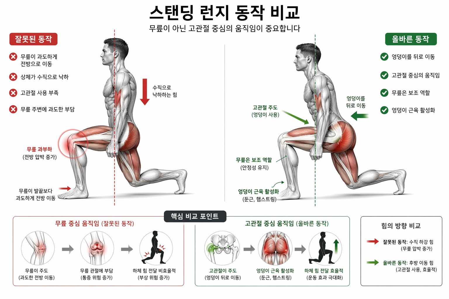 런지: 무릎 중심 vs 고관절 주도