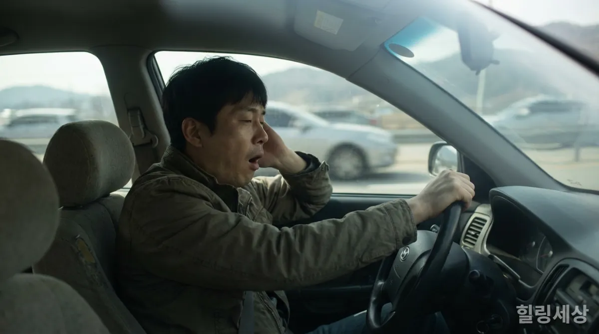 고속도로에서 졸음운전으로 힘들어하는 한국 운전자