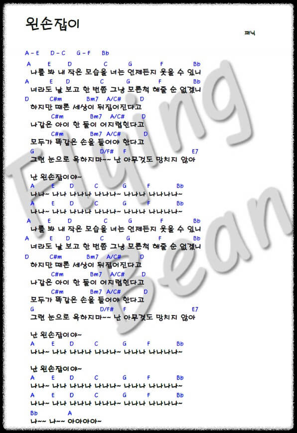 패닉의 왼손잡이 코드 악보 사진