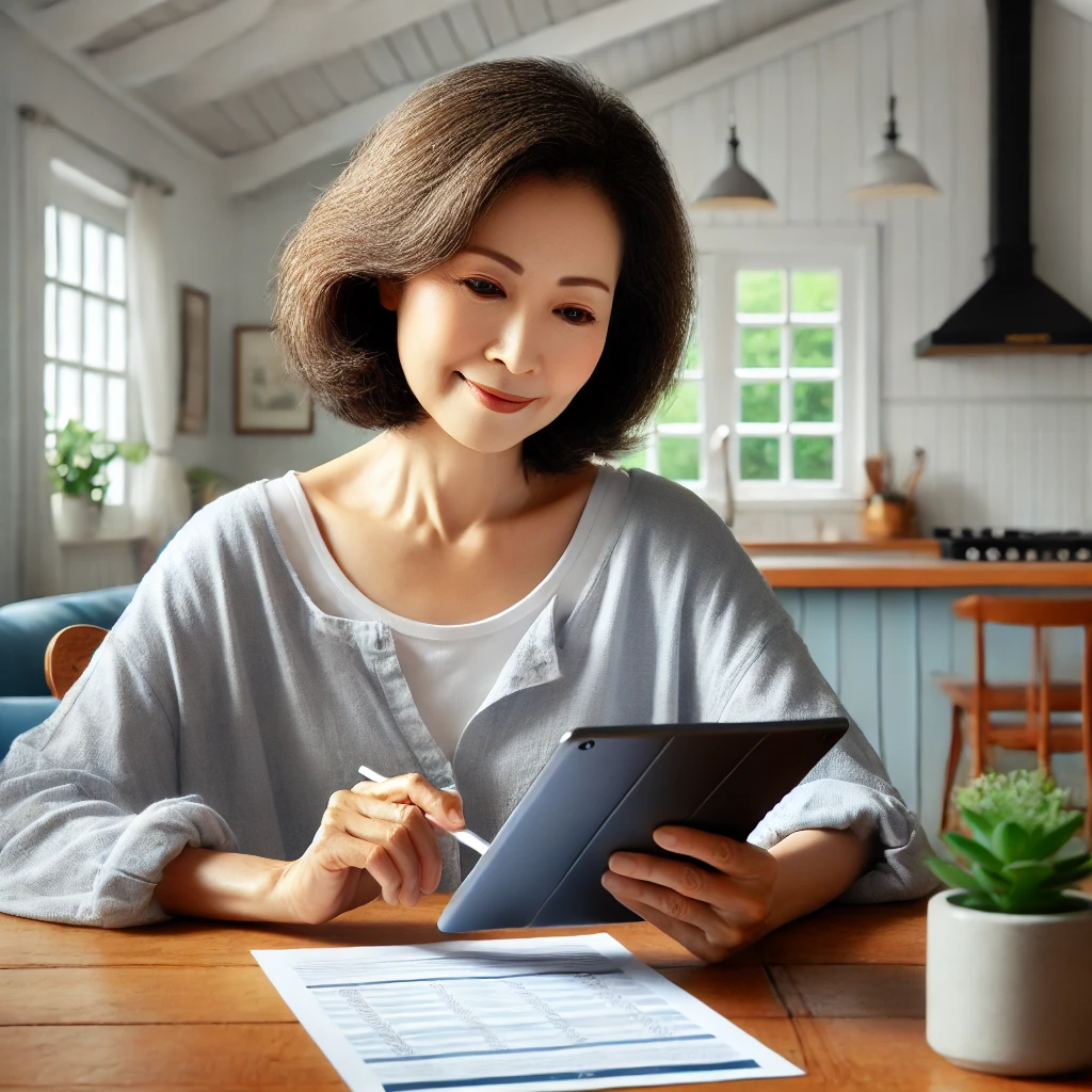 집에서 보험앱 확인하는 여성