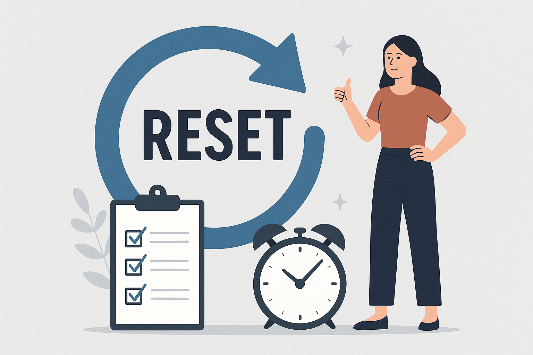 저탄고지를 다시 시작하는 &lsquo;리셋&rsquo; 개념을 상징하는 이미지. 커다란 리셋 화살표, 체크리스트, 알람시계, 그리고 엄지를 들어 올린 여성 캐릭터가 함께 구성되어 있다.