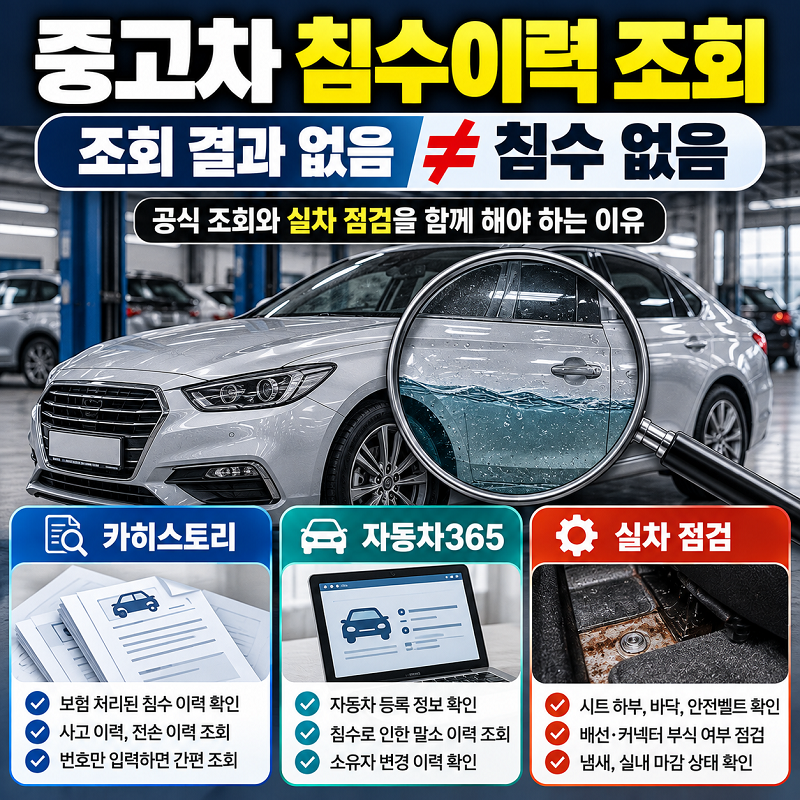중고차 침수이력 조회 방법과 카히스토리 자동차365 실차 점검 비교