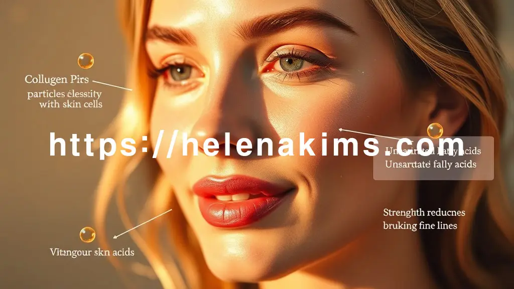 생기 넘치고 윤기 나는 피부의 여성 얼굴, 은은하게 빛나는 비타민 E와 불포화지방산이 피부 장벽을 강화하며 잔주름이 옅어지고 피부 톤이 맑아지는 모습을 섬세하게 표현한 이미지.