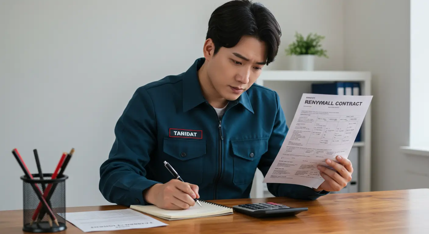 월세 보증금 담보 대출을 받은 후, 계약서를 보며 꼼꼼하게 상환 계획을 세우는 한국인 세입자