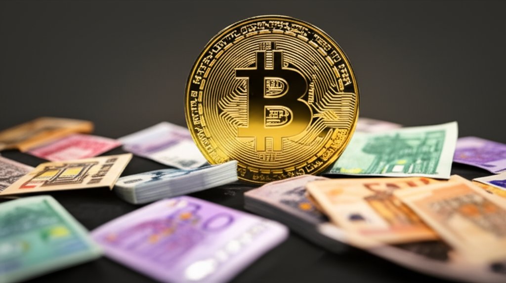 작은 비트코인 블록이 붕괴하는 법정화폐 사이에서 굳건히 서 있는 장면, 미니어처 디오라마 스타일, 틸트시프트 효과