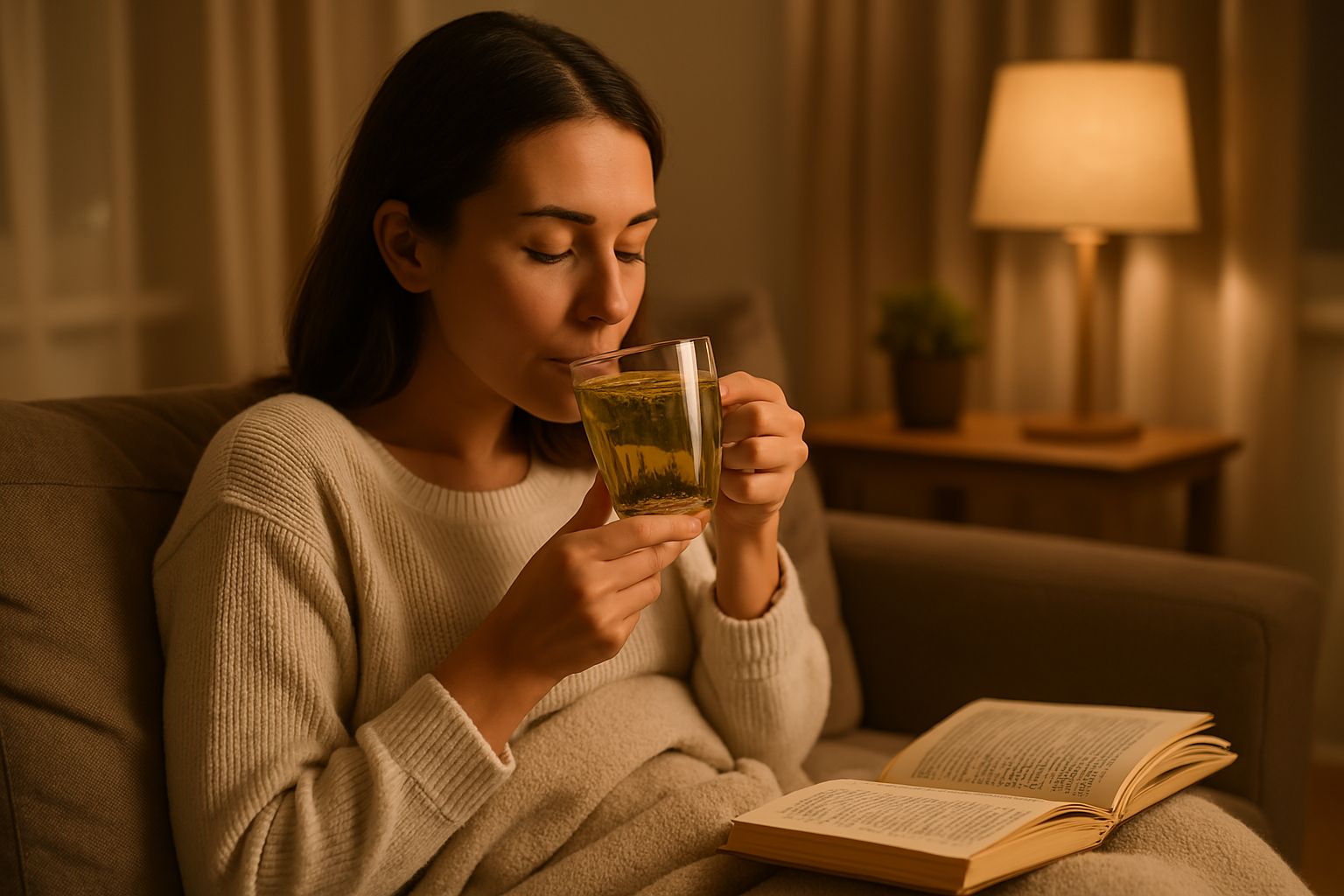 야식 대신 허브차를 마시며 건강한 저녁 습관을 형성하는 모습, 14일 식습관 개선 프로젝트의 대체 전략