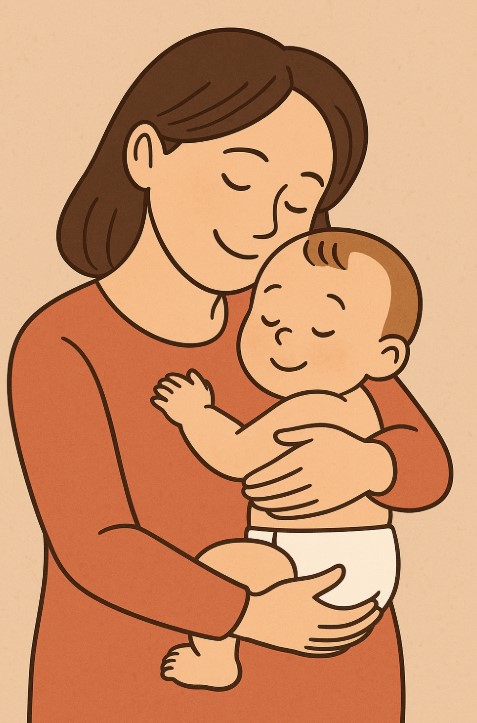 기저귀 갈이를 마친 후, 아기를 다정하게 안아주는 엄마의 따뜻한 모습