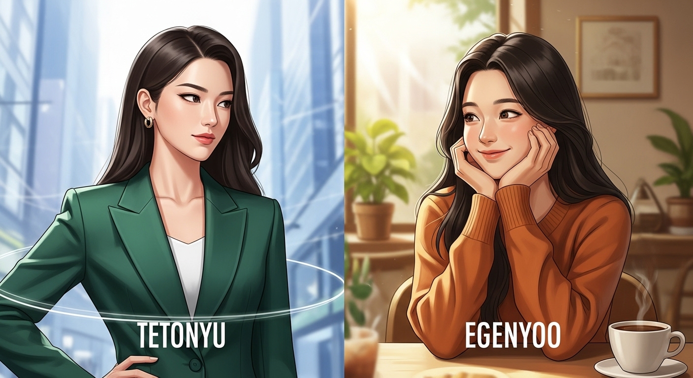 2025년 현대 여성의 두 가지 유형, '테토녀'와 '에겐녀'를 상징하는 이미지. 도회적이고 이성적인 테토녀와 따뜻하고 감성적인 에겐녀가 서로를 마주보는 모습.