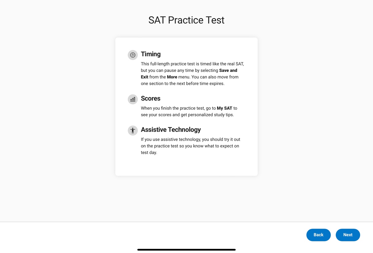Digital SAT Bluebook - 모의고사 시작 전 안내문 이미지