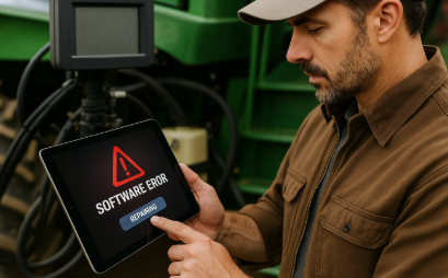 농업 장비 앞에서 기술자가 태블릿을 사용해 소프트웨어 오류를 점검하는 모습으로, 화면에는 &lsquo;SOFTWARE ERROR&rsquo; 경고 표시가 보이는 장면