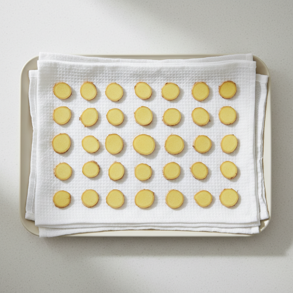 키친타월로 생강의 물기를 꼼꼼하게 제거하는 과정