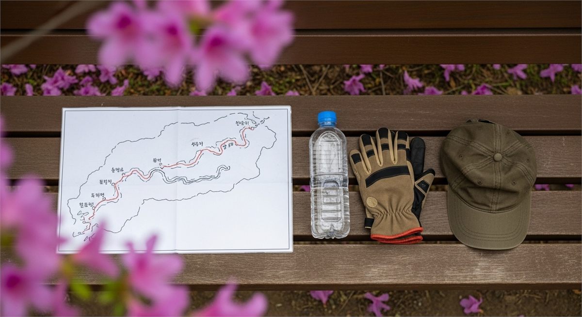 등산 동선과 준비물을 상징적으로 보여주는 장면 