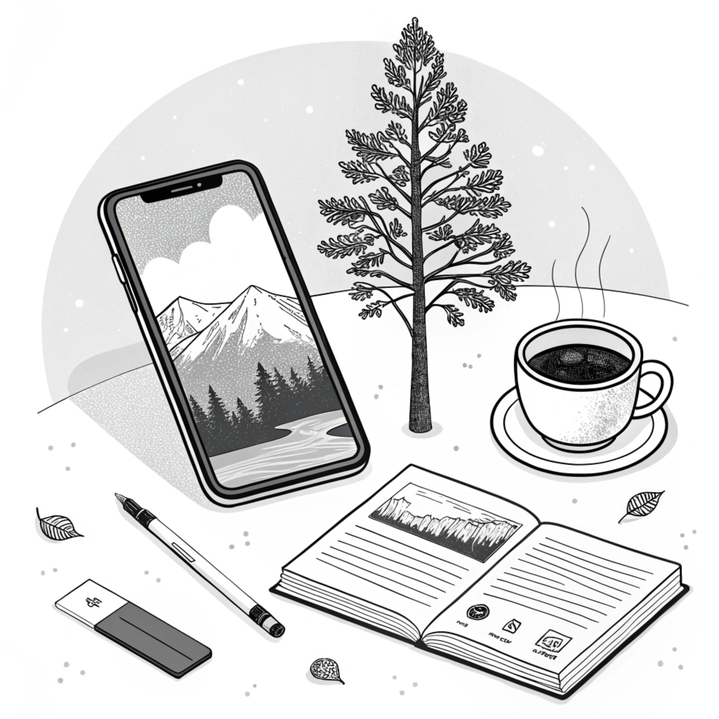 스마트폰 대신 종이 노트와 펜을 사용해 하루 계획을 세우는 일러스트 이미지