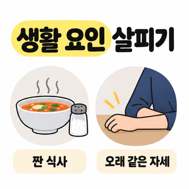 생활 요인 살피기 제목 아래 국과 소금통으로 짠 식사를 나타내고 책상 위 팔로 오래 같은 자세를 나타낸 두 항목 도식