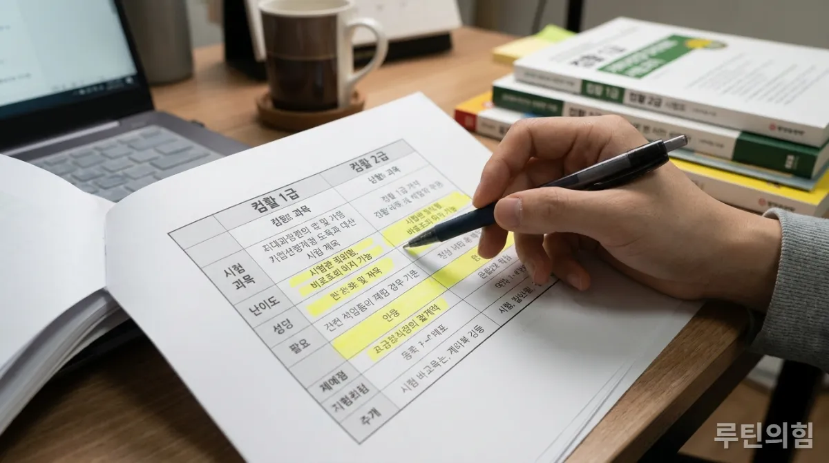 컴활 1급과 2급 시험 과목 및 난이도 비교표를 가리키는 손