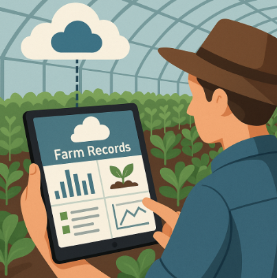 클라우드에 연결된 태블릿으로 농장 기록을 관리하는 농부