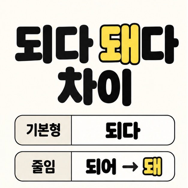 되다 돼다 차이 제목 아래 기본형 되다와 줄임 표현 되어에서 돼로 이어지는 도식을 배치한 대표 이미지