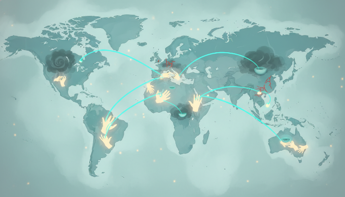 기후 변화, 빈곤 등 지구촌 문제를 상징하는 세계 지도 위로 서로 손을 맞잡고 협력하는 모습이 빛나는 선으로 연결된 일러스트