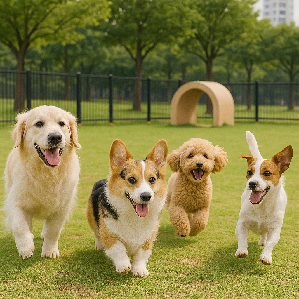 공원 반려견 놀이터에서 뛰노는 강아지들