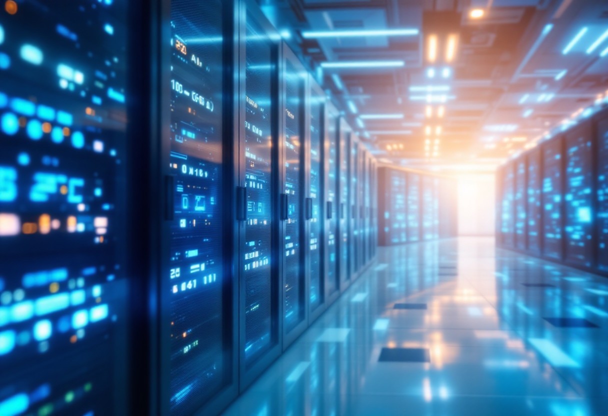 미래형 AI 데이터센터 내부. 빛나는 서버 랙과 네트워크 인프라