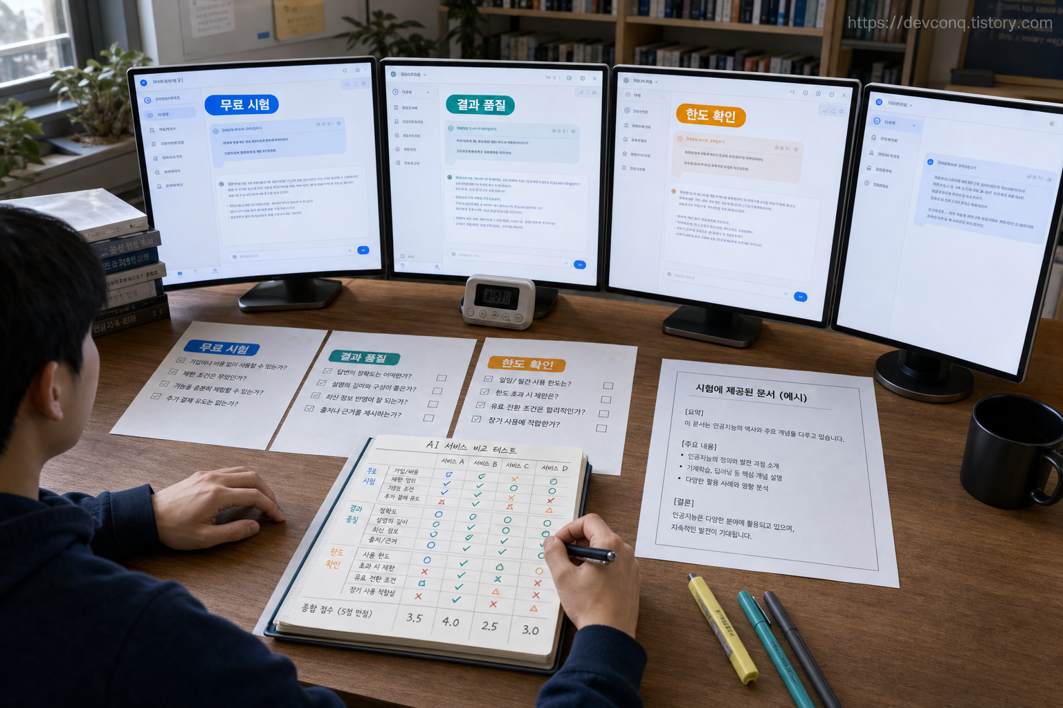 무료 AI 네 서비스를 같은 질문과 문서로 시험하며 결과를 기록하는 책상 장면