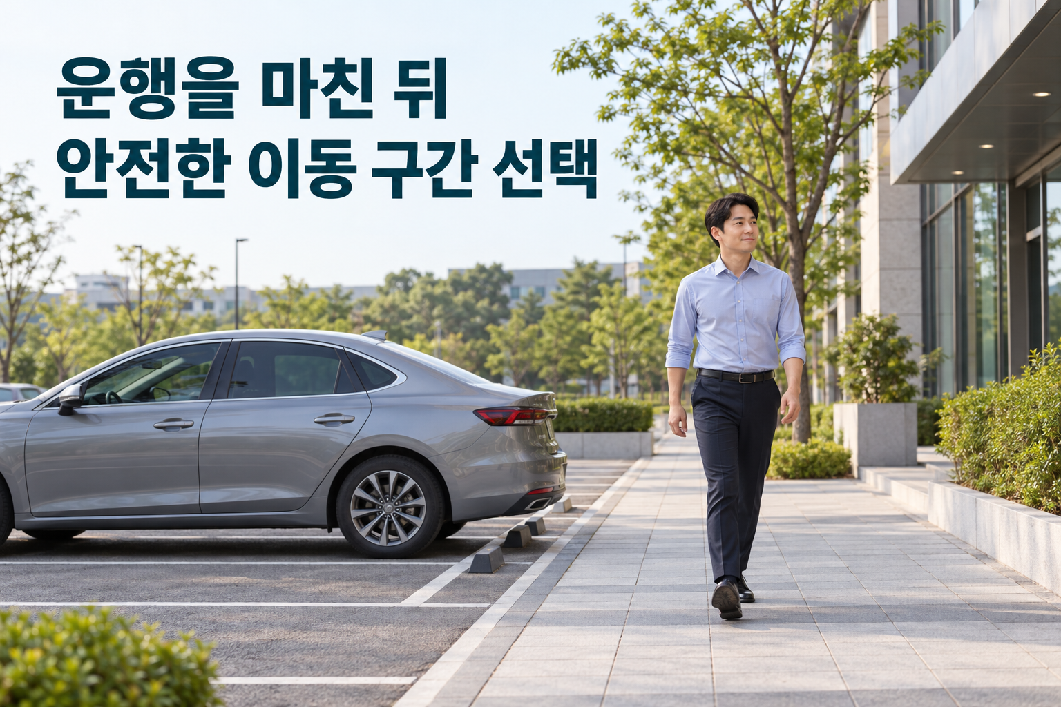 정차 후 안전하게 차에서 내린 사람이 인도로 이동하는 장면