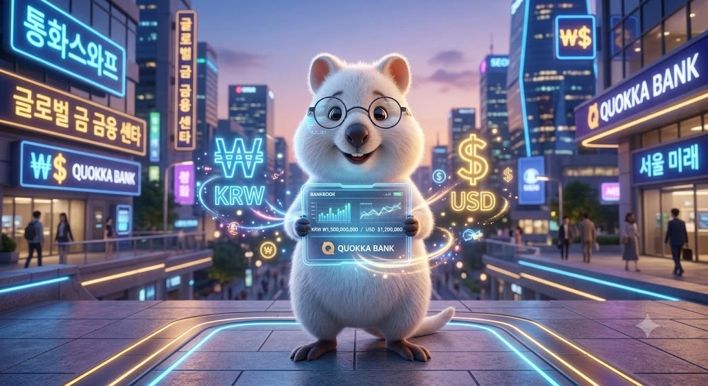스마트 안경을 낀 귀여운 쿼카가 USD(달러)와 KRW(원화) 기호가 홀로그램으로 빛나는 미래지향적인 마이너스 통장을 자신만만하게 들고 있는 3D 일러스트. 경제 위기 시 두 국가가 돈을 맞바꾸어 환율 폭등을 막는 '통화스와프'의 개념을 시각화함.