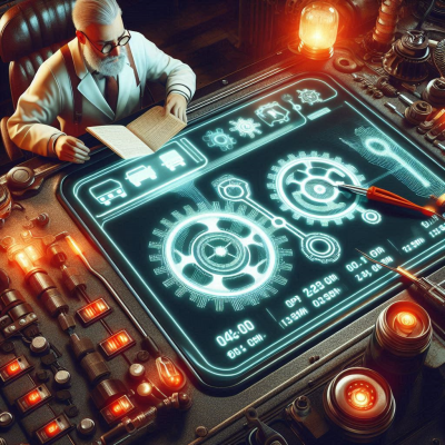 복잡한 차량 엔진 시스템을 조작하는 모습, 다양한 기계 부품들이 디지털화된 화면에 표시됩니다.