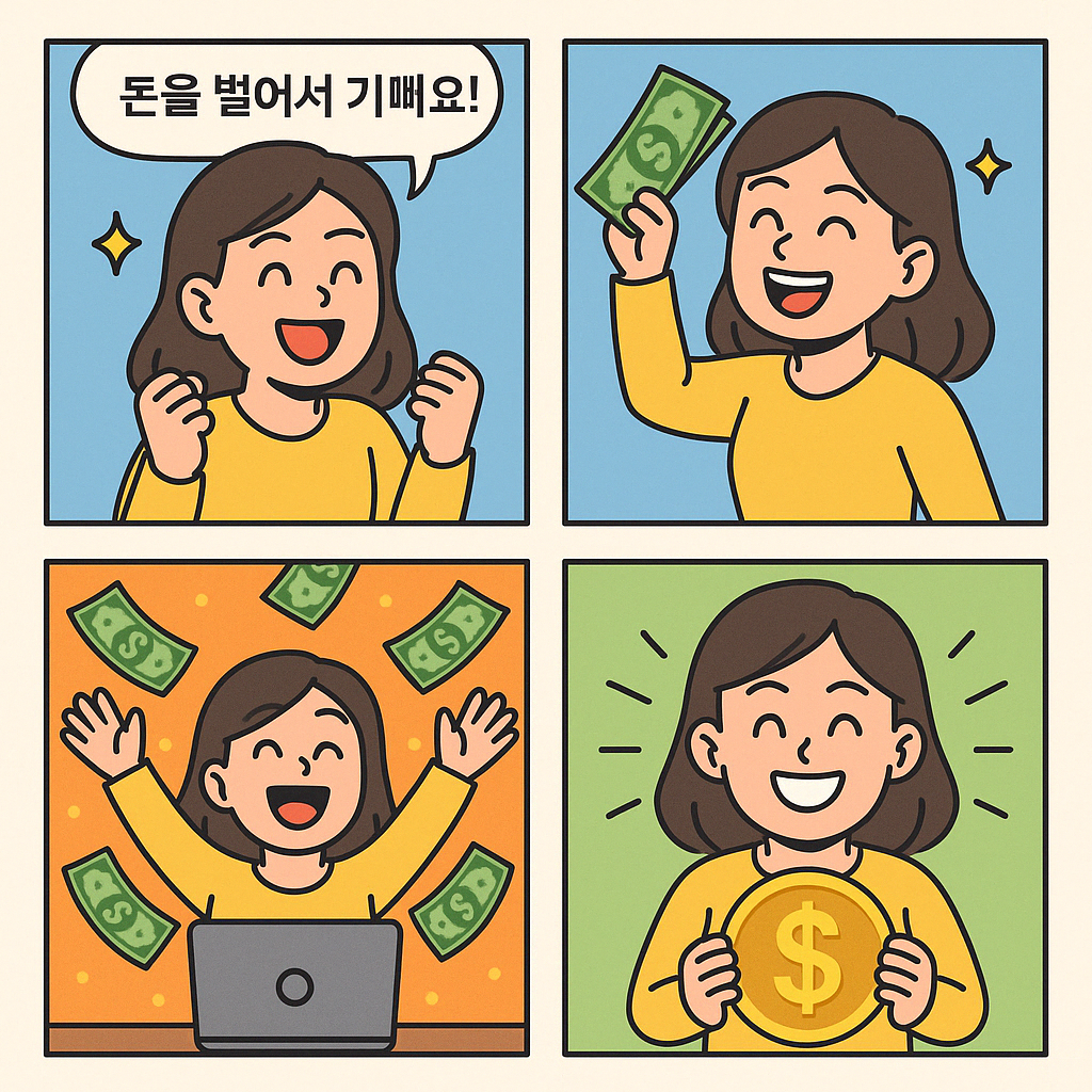 애드센스 첫 수익 달성 후 기쁨을 표현하는 블로거의 모습을 담은 4컷 만화툰 일러스트