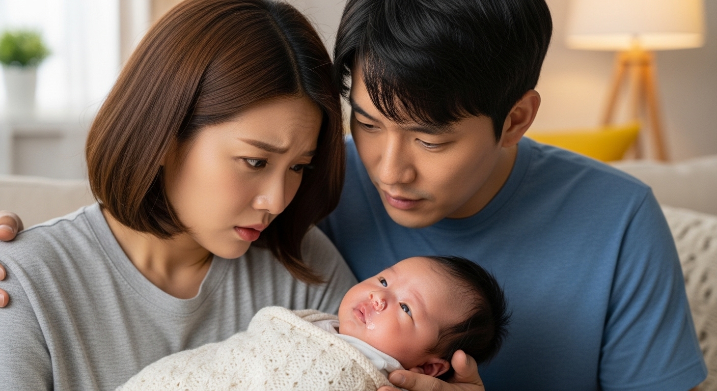 초보 부모가 아픈 아기를 걱정스러운 듯 다정하게 돌보고 있는 모습, 아기는 따뜻한 담요에 싸여 있으며 코가 살짝 붉다.
