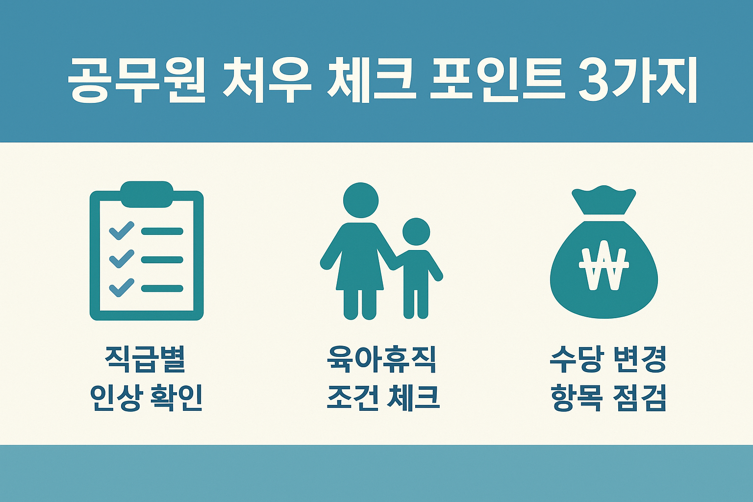 공무원 처우 변화 전 꼭 확인해야 할 직급별 인상, 육아휴직 조건, 수당 항목 변경 등 핵심 내용을 담은 요약 이미지입니다.