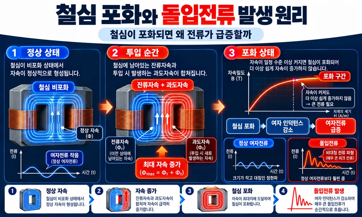 철심 포화와 여자전류 급증으로 발생하는 돌입전류
