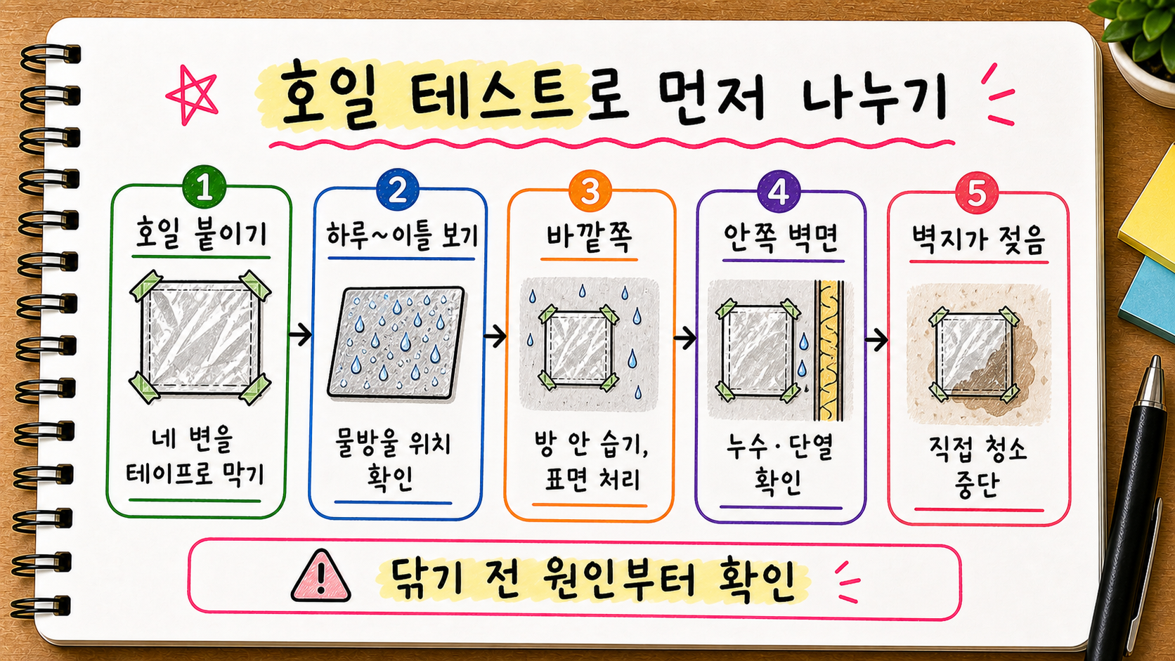 벽지 곰팡이 호일 테스트 방법과 물방울 위치별 판단 기준을 정리한 손글씨 카드