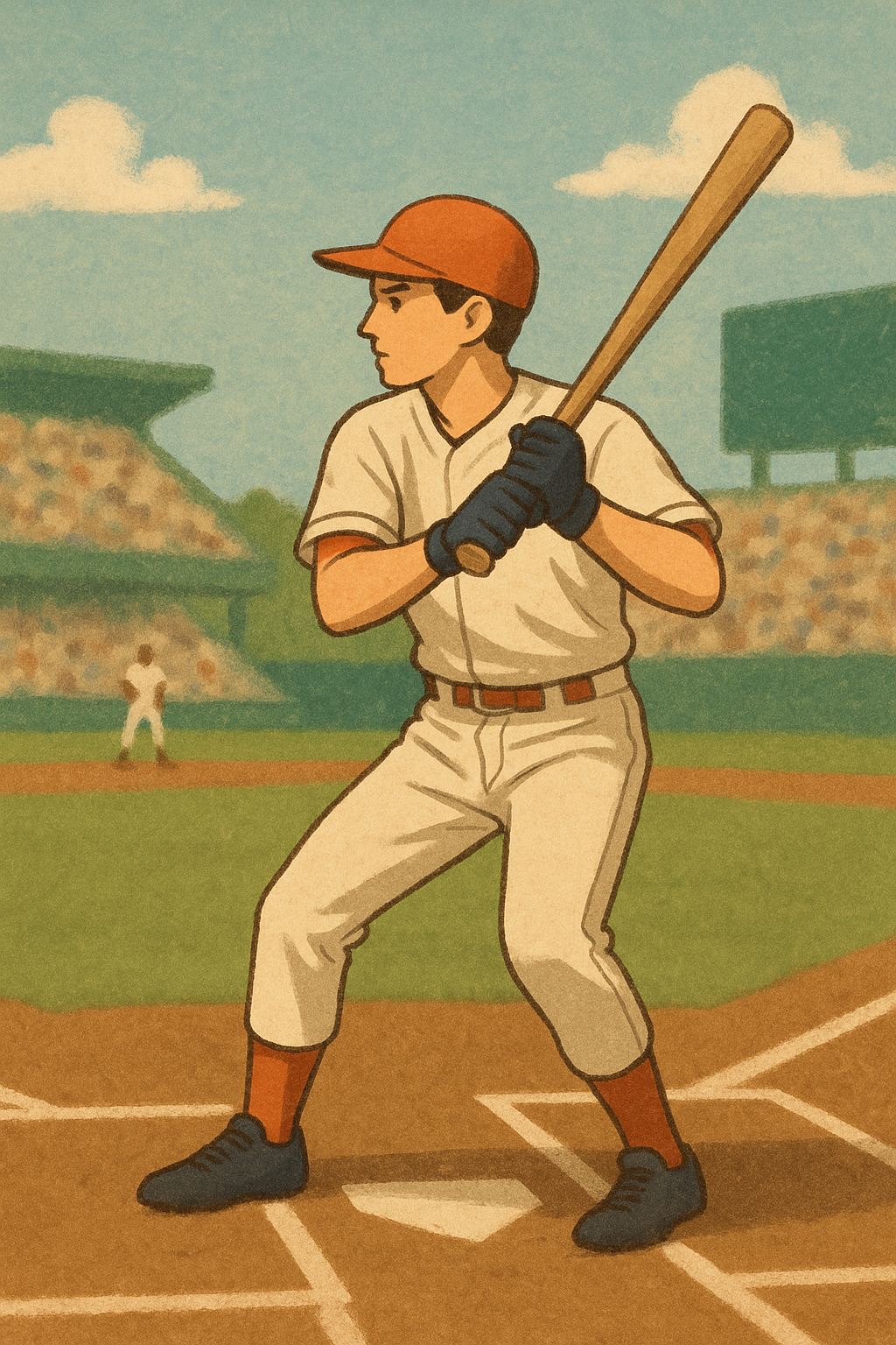 "야구 경기장에서 배트를 쥔 젊은 선수가 진지한 표정으로 타석에 서 있는 모습. 관중석이 배경에 흐릿하게 보이며, 파란 하늘과 흰 구름이 경기장의 밝고 생동감 있는 분위기를 더해주는 장면."