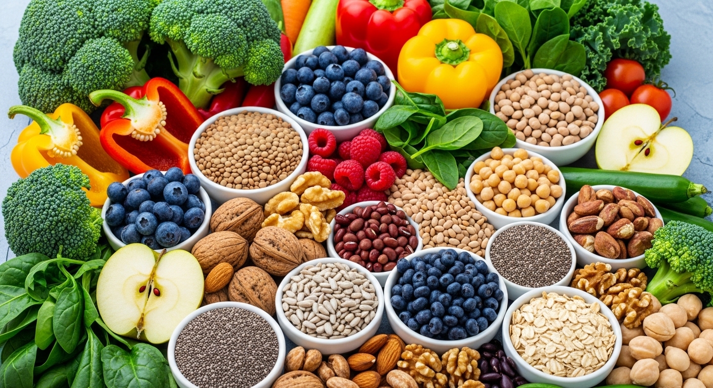 다채로운 채소, 과일, 콩류, 견과류, 곡물이 풍성하게 담겨있는 비건 식재료 이미지. 건강하고 활기찬 식물성 식단의 다양성을 보여줍니다.